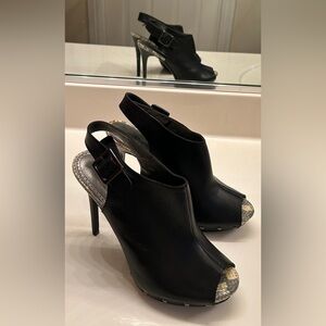 Sam Edelman Boutique Black Leather Open Toe Ankle Booties Size 9M, 5” Heel.